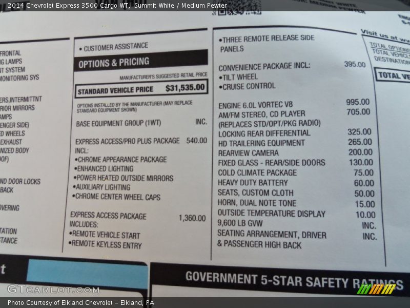  2014 Express 3500 Cargo WT Window Sticker