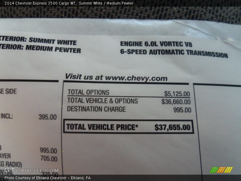  2014 Express 3500 Cargo WT Window Sticker