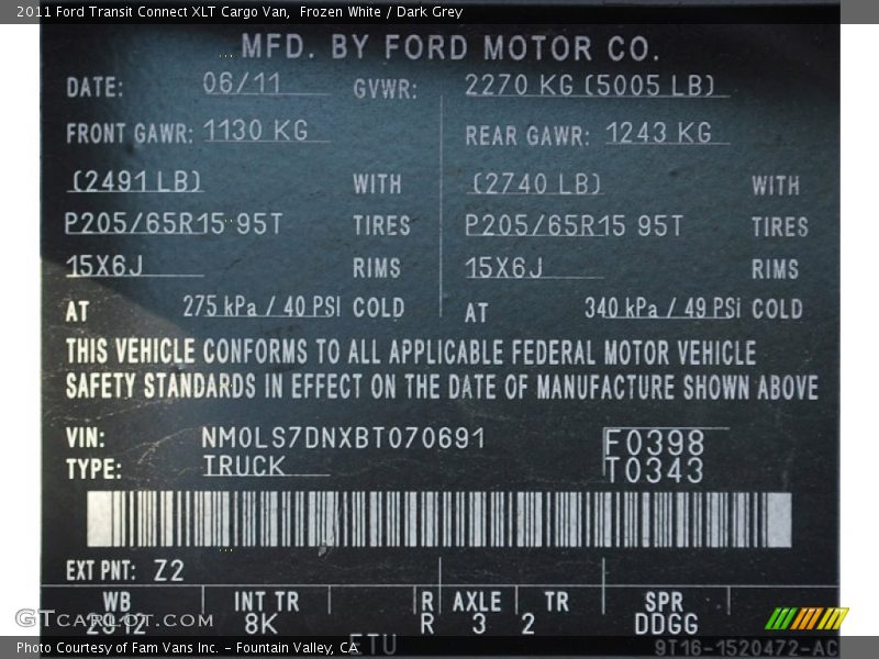 Frozen White / Dark Grey 2011 Ford Transit Connect XLT Cargo Van