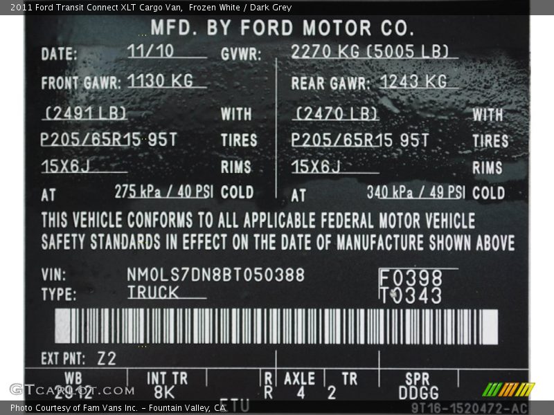 Frozen White / Dark Grey 2011 Ford Transit Connect XLT Cargo Van