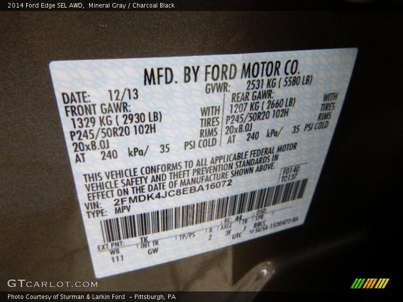 2014 Edge SEL AWD Mineral Gray Color Code TK