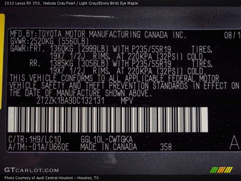 2013 RX 350 Nebula Gray Pearl Color Code 1H9