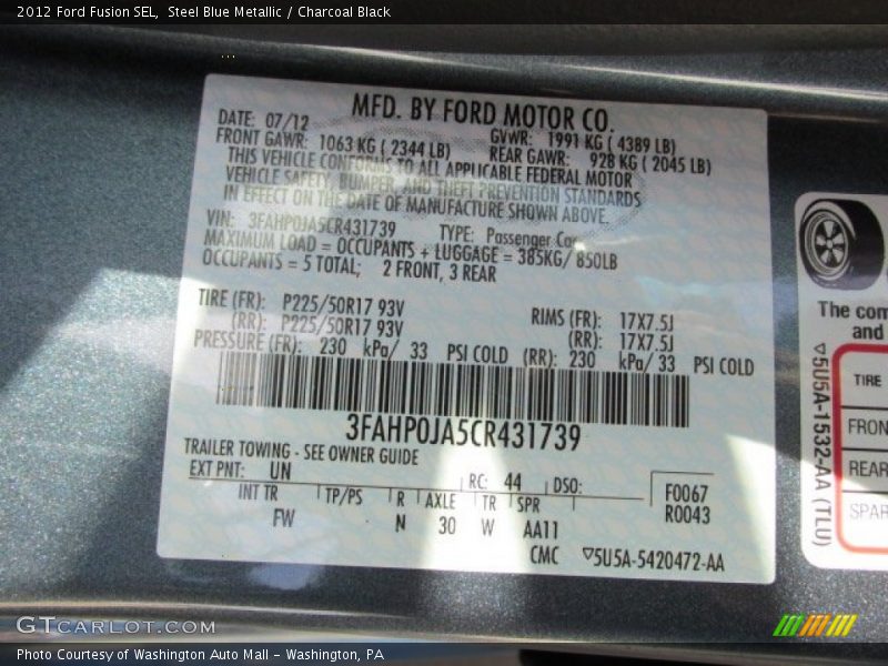 Steel Blue Metallic / Charcoal Black 2012 Ford Fusion SEL