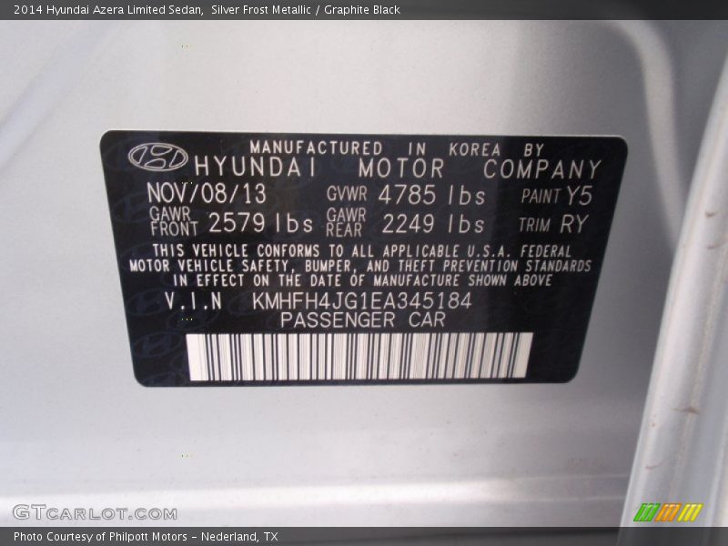 Silver Frost Metallic / Graphite Black 2014 Hyundai Azera Limited Sedan