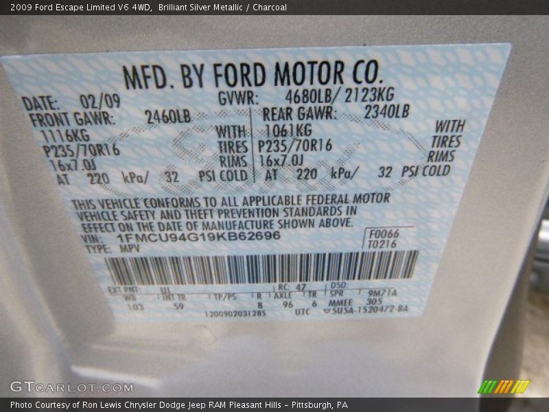 Brilliant Silver Metallic / Charcoal 2009 Ford Escape Limited V6 4WD