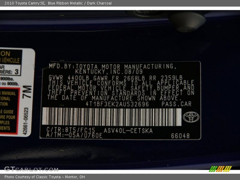 Blue Ribbon Metallic / Dark Charcoal 2010 Toyota Camry SE