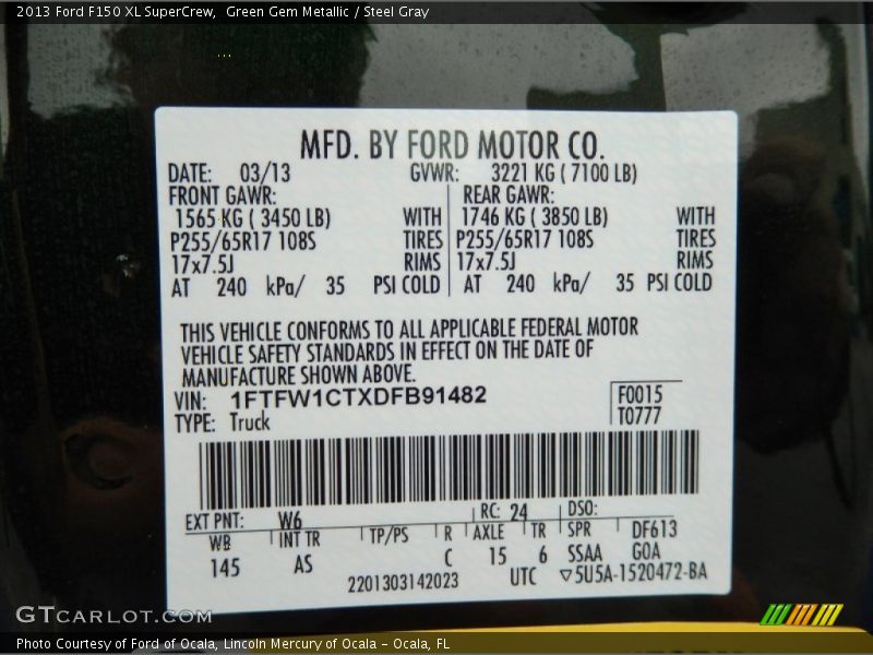 2013 F150 XL SuperCrew Green Gem Metallic Color Code W6