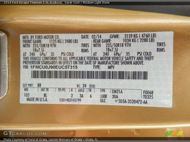 Karat Gold / Medium Light Stone 2014 Ford Escape Titanium 2.0L EcoBoost