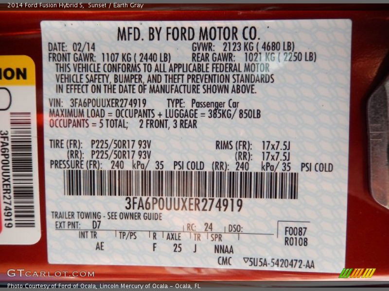2014 Fusion Hybrid S Sunset Color Code D7