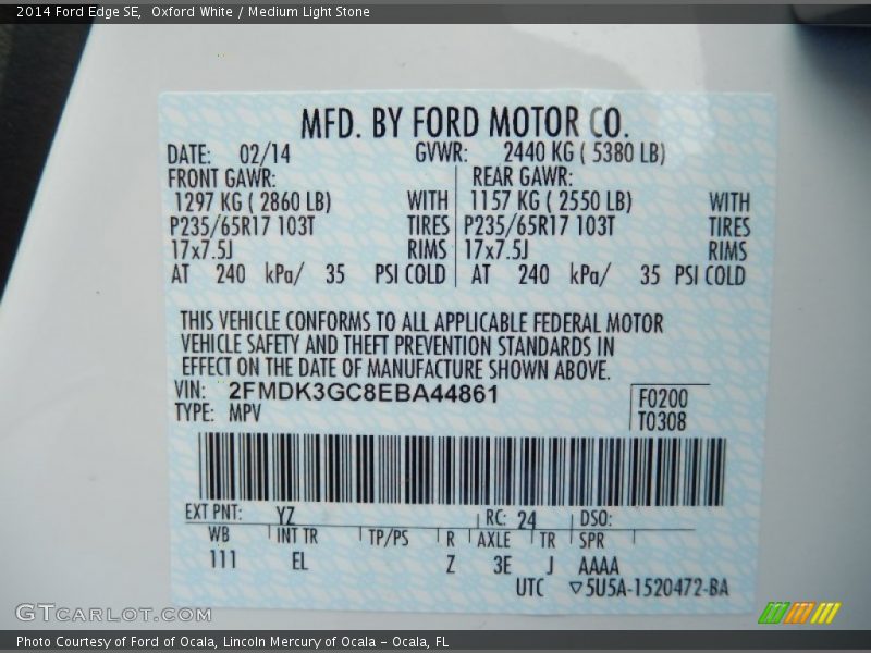 Oxford White / Medium Light Stone 2014 Ford Edge SE
