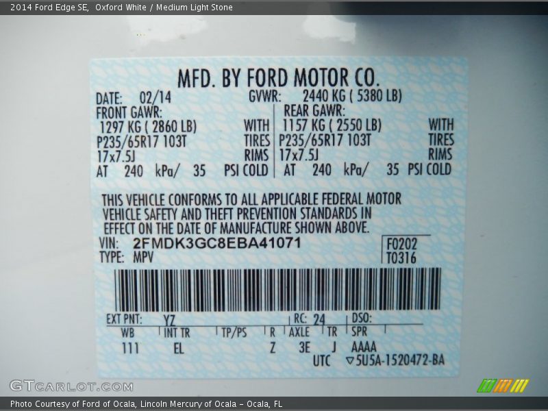 Oxford White / Medium Light Stone 2014 Ford Edge SE