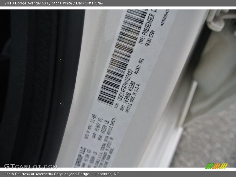 Stone White / Dark Slate Gray 2010 Dodge Avenger SXT