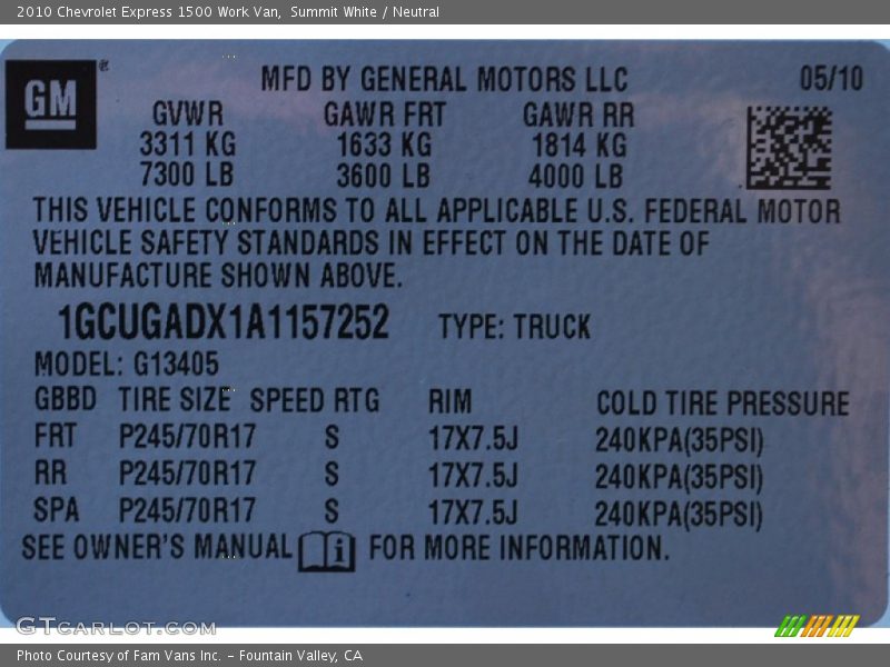 Summit White / Neutral 2010 Chevrolet Express 1500 Work Van