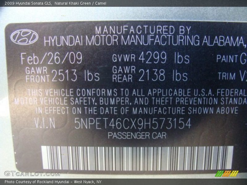 Natural Khaki Green / Camel 2009 Hyundai Sonata GLS