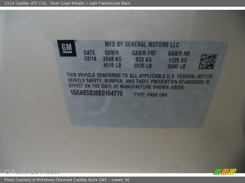Silver Coast Metallic / Light Platinum/Jet Black 2014 Cadillac ATS 3.6L