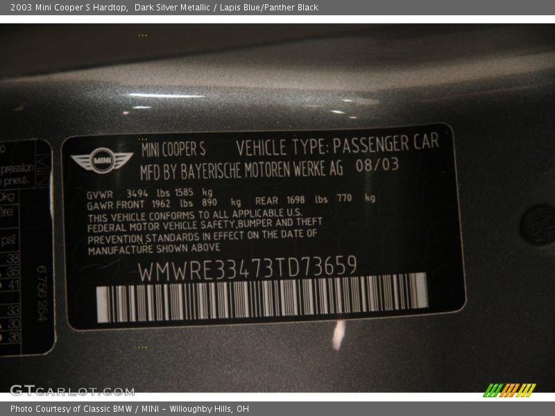 Dark Silver Metallic / Lapis Blue/Panther Black 2003 Mini Cooper S Hardtop