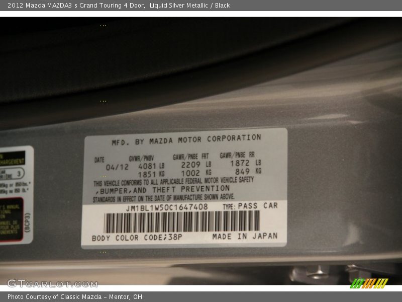 2012 MAZDA3 s Grand Touring 4 Door Liquid Silver Metallic Color Code 38P