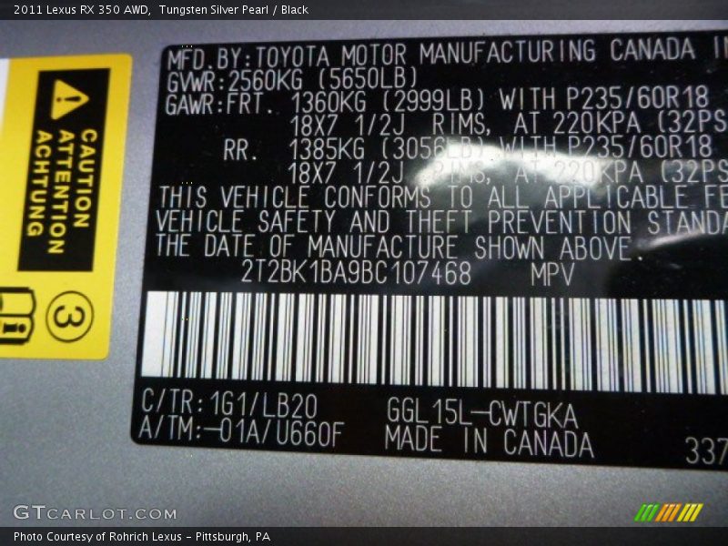 Tungsten Silver Pearl / Black 2011 Lexus RX 350 AWD