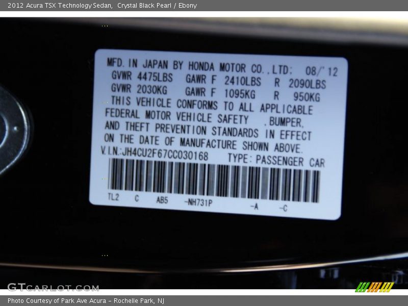 Crystal Black Pearl / Ebony 2012 Acura TSX Technology Sedan