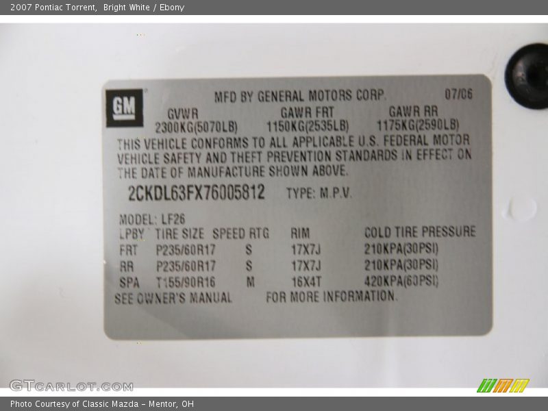 Bright White / Ebony 2007 Pontiac Torrent