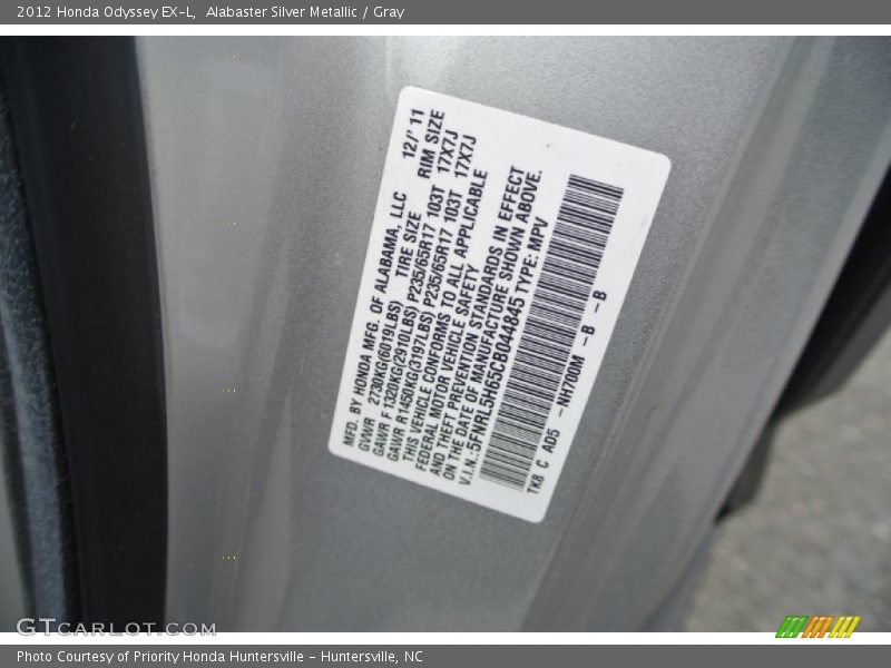 Alabaster Silver Metallic / Gray 2012 Honda Odyssey EX-L