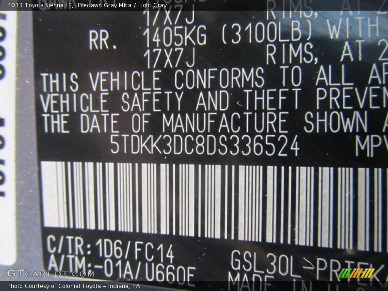 Predawn Gray Mica / Light Gray 2013 Toyota Sienna LE