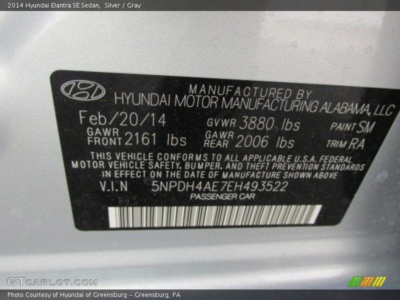 Silver / Gray 2014 Hyundai Elantra SE Sedan
