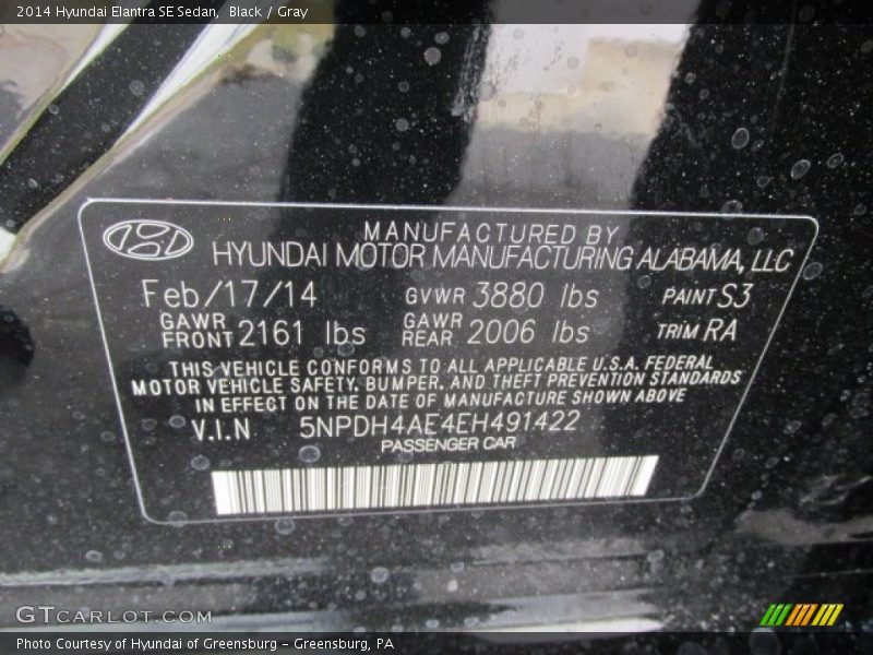 Black / Gray 2014 Hyundai Elantra SE Sedan