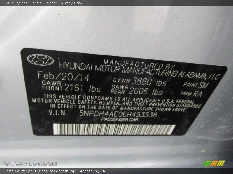Silver / Gray 2014 Hyundai Elantra SE Sedan