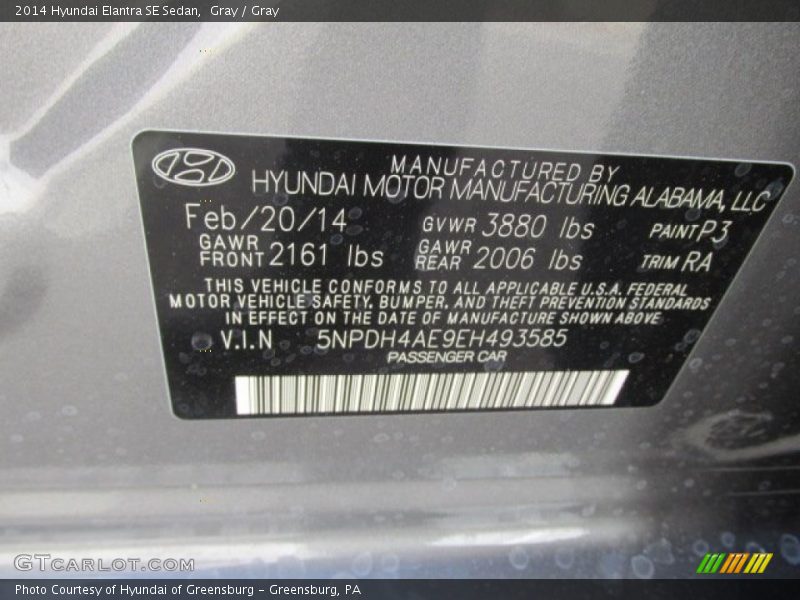Gray / Gray 2014 Hyundai Elantra SE Sedan
