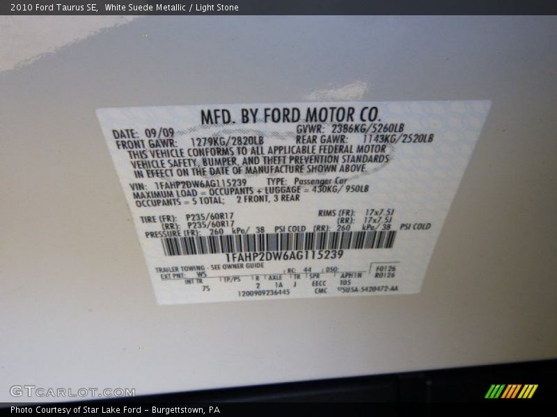 White Suede Metallic / Light Stone 2010 Ford Taurus SE