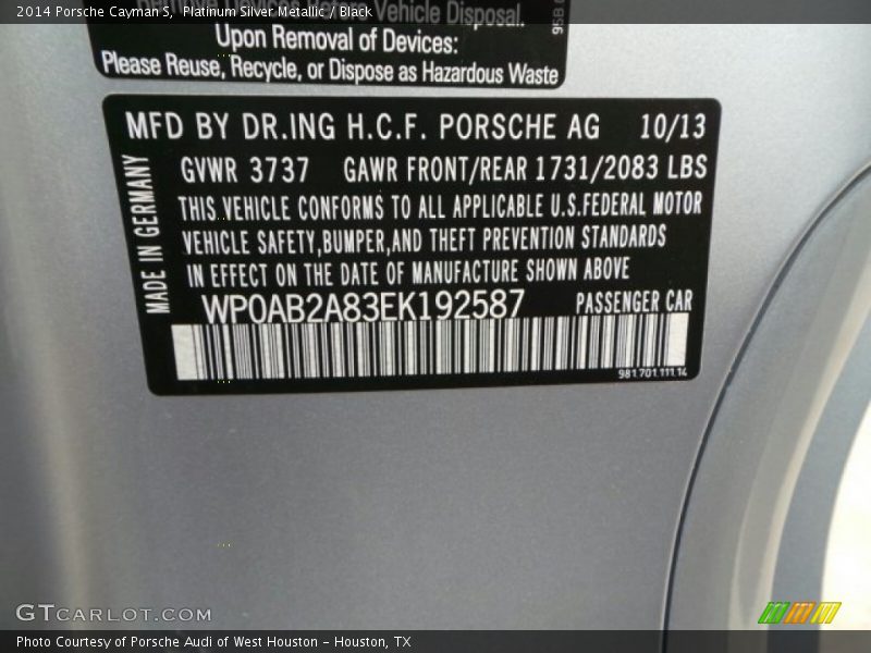 Platinum Silver Metallic / Black 2014 Porsche Cayman S