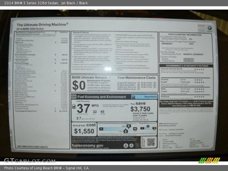  2014 3 Series 328d Sedan Window Sticker