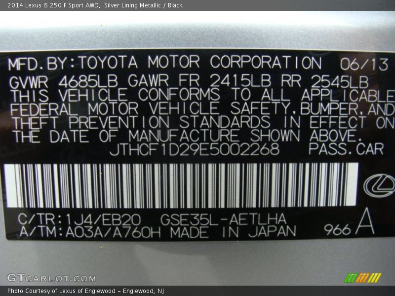 Silver Lining Metallic / Black 2014 Lexus IS 250 F Sport AWD