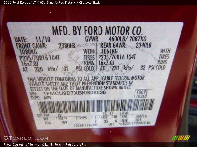 Sangria Red Metallic / Charcoal Black 2011 Ford Escape XLT 4WD