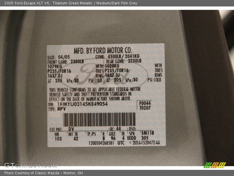 2005 Escape XLT V6 Titanium Green Metallic Color Code DV