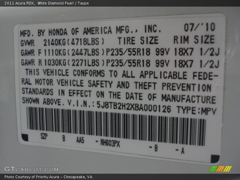 White Diamond Pearl / Taupe 2011 Acura RDX