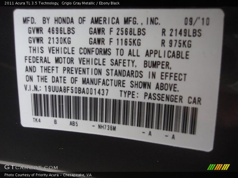 Grigio Gray Metallic / Ebony Black 2011 Acura TL 3.5 Technology