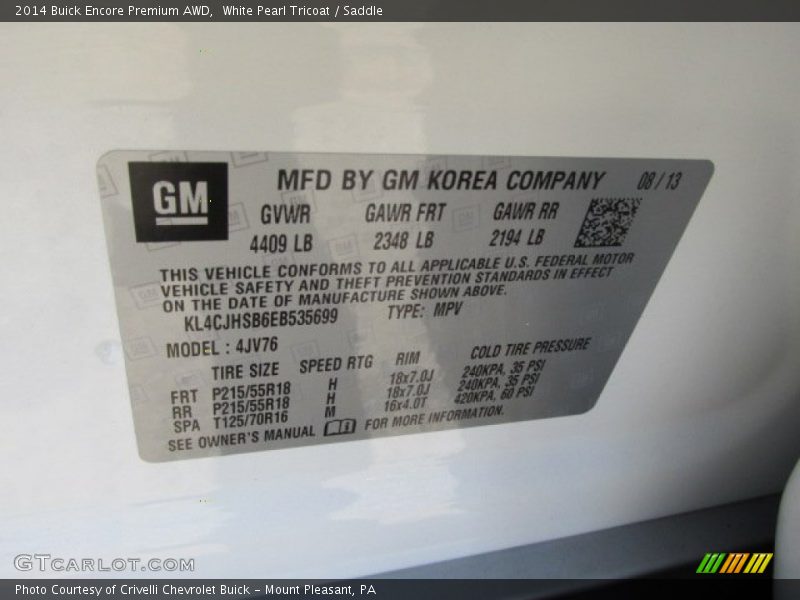 White Pearl Tricoat / Saddle 2014 Buick Encore Premium AWD