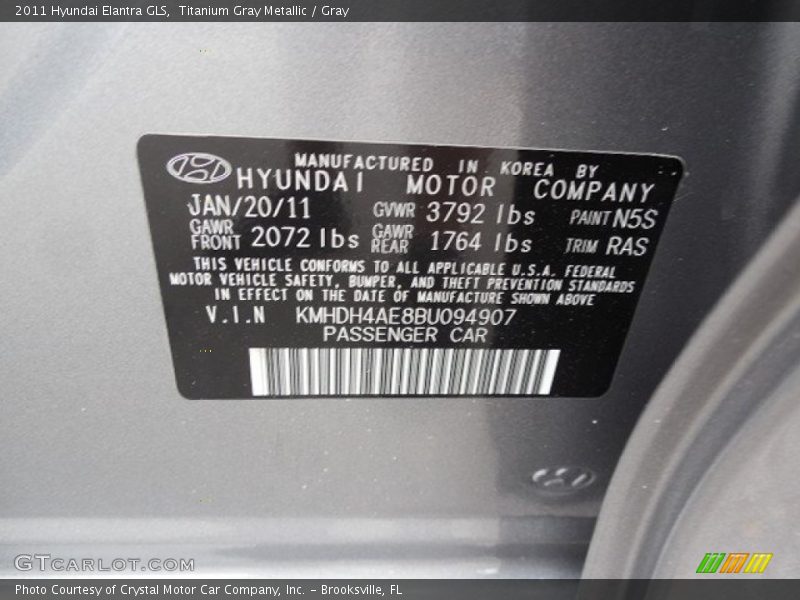 Titanium Gray Metallic / Gray 2011 Hyundai Elantra GLS