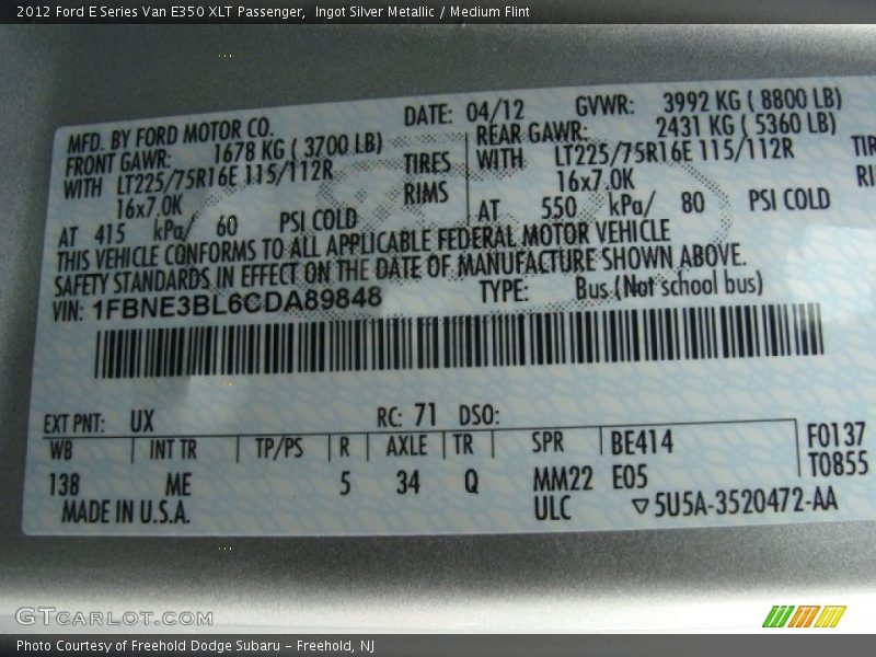 Ingot Silver Metallic / Medium Flint 2012 Ford E Series Van E350 XLT Passenger