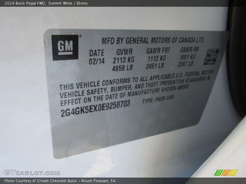 Summit White / Ebony 2014 Buick Regal FWD