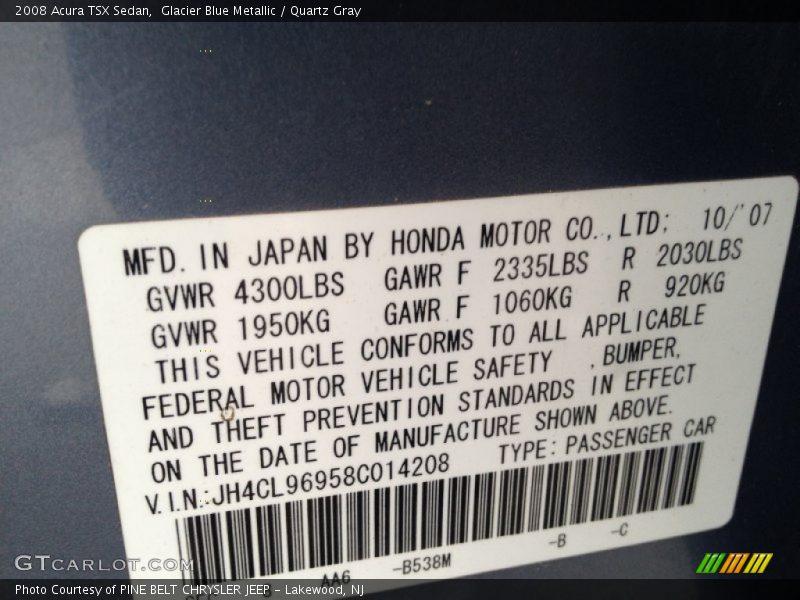 Glacier Blue Metallic / Quartz Gray 2008 Acura TSX Sedan