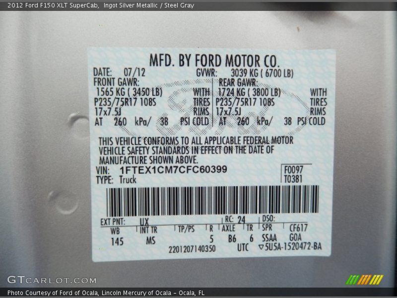 Ingot Silver Metallic / Steel Gray 2012 Ford F150 XLT SuperCab
