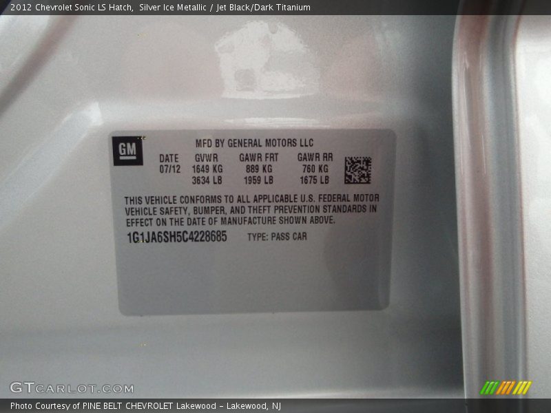 Silver Ice Metallic / Jet Black/Dark Titanium 2012 Chevrolet Sonic LS Hatch