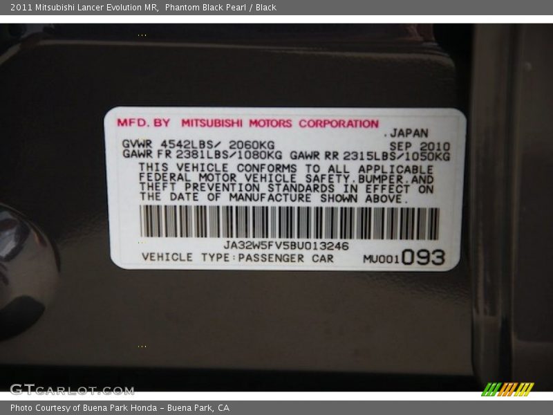 Phantom Black Pearl / Black 2011 Mitsubishi Lancer Evolution MR