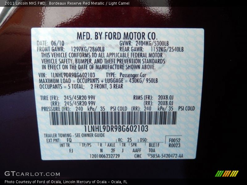 Bordeaux Reserve Red Metallic / Light Camel 2011 Lincoln MKS FWD