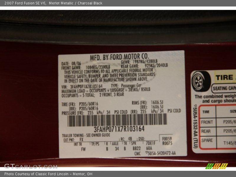 2007 Fusion SE V6 Merlot Metallic Color Code FX