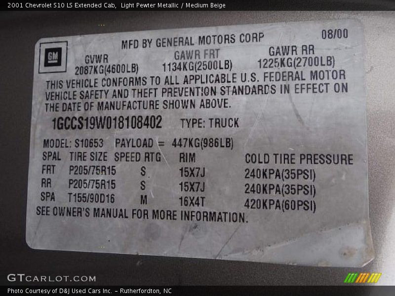 Light Pewter Metallic / Medium Beige 2001 Chevrolet S10 LS Extended Cab
