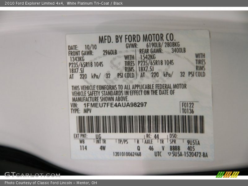 White Platinum Tri-Coat / Black 2010 Ford Explorer Limited 4x4